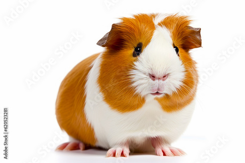 Brown and white guinea pig sitting on top of white floor next to white wall. Generative AI.