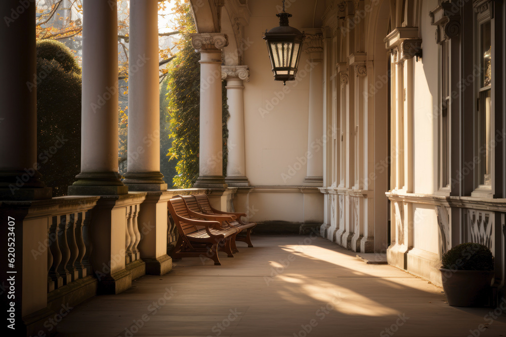 Porch of an old classical mansion with columns and a balustrade ...