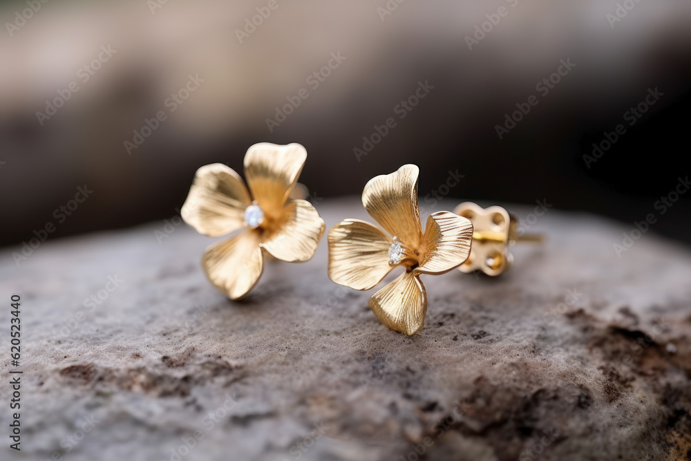 Gold earrings in the form of flowers on a stone. Photorealistic illustration of Generative AI.