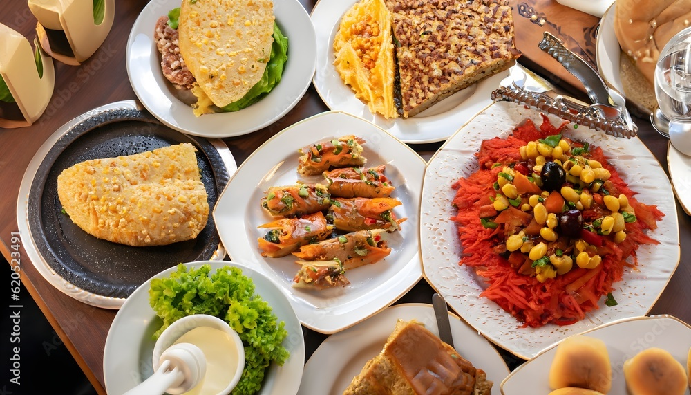United  Arab Emirates UAE commons attribution, Different types of food. fresh, dinner, table, restaurant, food, meal, plate, dish, meat, lunch, delicious, snack, appetizer, bread, AI Generated