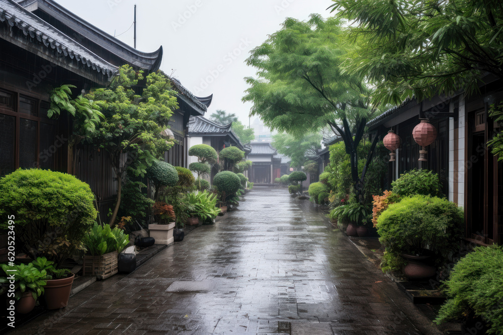 Street of the Chinese village with houses with pagodas. Rainy day. Photorealistic illustration of Generative AI.