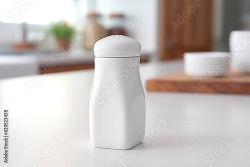 White ceramic salt shaker on the table in the kitchen. Photorealistic illustration of Generative AI.