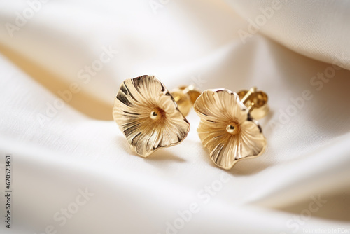 Gold earrings in the form of flowers on silk fabric. Photorealistic illustration of Generative AI.