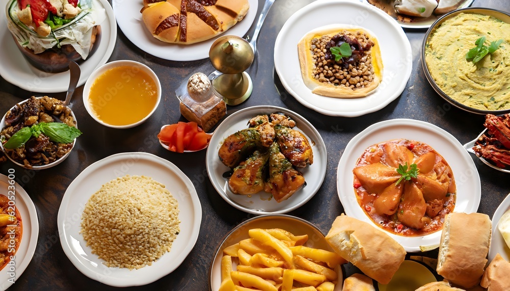 Different types of food, United  Arab Emirates UAE commons attribution. meat, healthy, plate, delicious, lunch, food, meal, dinner, dish, rice, fresh, table, appetizer, AI Generated