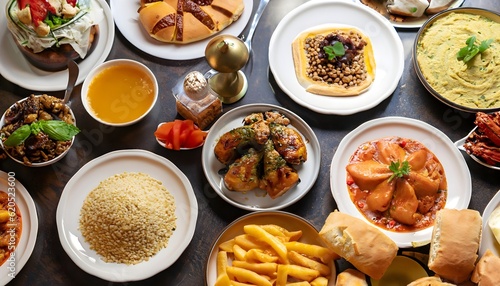 Different types of food, United Arab Emirates UAE commons attribution. meat, healthy, plate, delicious, lunch, food, meal, dinner, dish, rice, fresh, table, appetizer, AI Generated