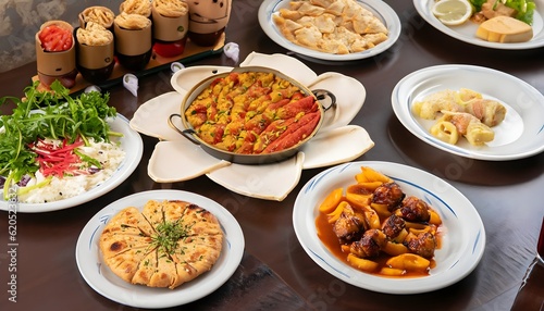 Different types of food, United Arab Emirates UAE commons attribution. food, meal, dinner, meat, dish, plate, rice, table, fried, tasty, delicious, AI Generated