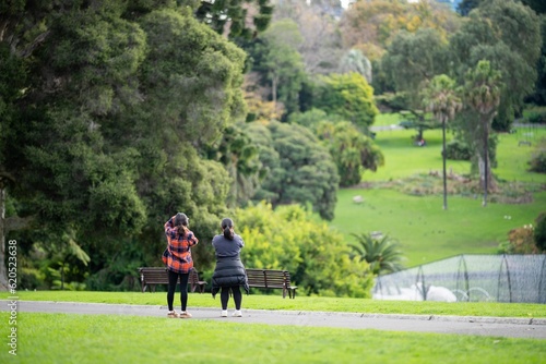 couple walking in a garden. man and woman walk in nature under trees surrounded by plants. family together in a park in spring time © William