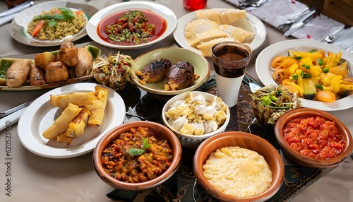 Different types of food, United Arab Emirates UAE commons attribution. food, restaurant, meal, dinner, dish, green, delicious, meat, fresh, snack, plate, AI Generated