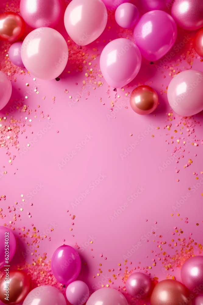 Bunch of balloons and confetti on pink background with gold and pink confetti. Generative AI.
