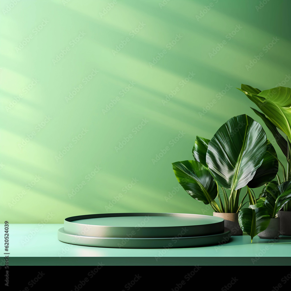 Wooden product display podium with green leave background, Minimalistic nature background, Template design for cosmetics, beauty nature product showcase, poster, banner, cover design, AI generated. Wooden product display podium with green leave background, Minimalistic nature background, Template design for cosmetics, beauty nature product showcase, poster, banner, cover design, AI generated.