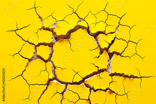 Cracked yellow surface with cracks and cracks in the middle of the surface. Generative AI.