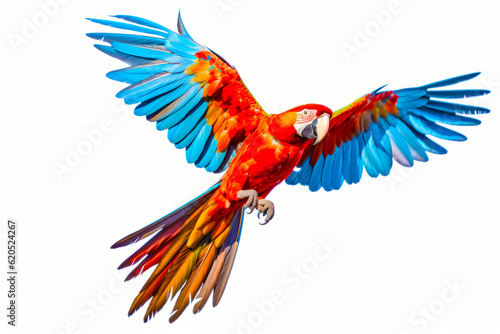 Colorful parrot flying through the air with it's wings spread out. Generative AI. © valentyn640