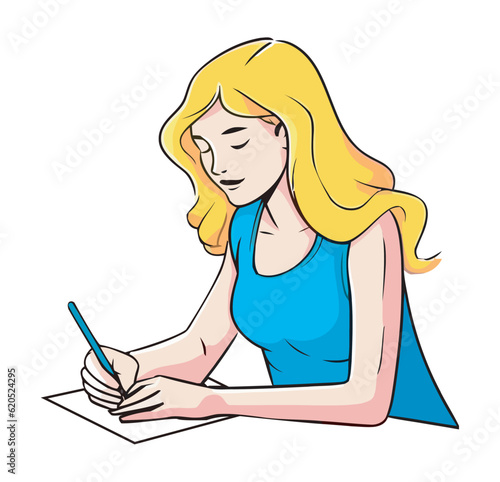A beautiful blond woman sitting, smiling, sketching