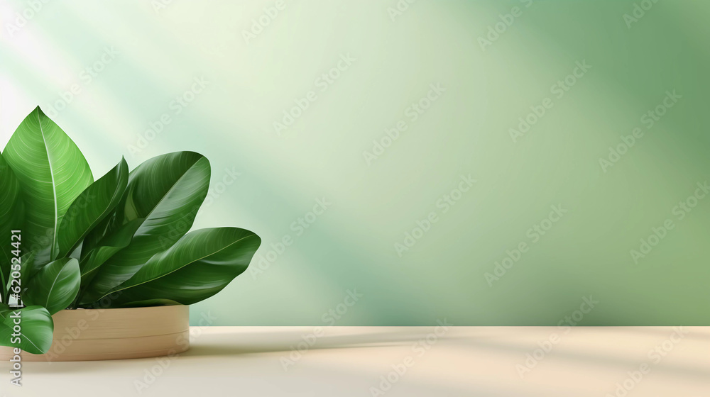 Wooden product display podium with green leave background, Minimalistic nature background, Template design for cosmetics, beauty nature product showcase, poster, banner, cover design, AI generated. Wooden product display podium with green leave background, Minimalistic nature background, Template design for cosmetics, beauty nature product showcase, poster, banner, cover design, AI generated.
