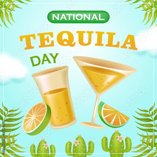 National Tequila Day, 3d vector tequla in a glass with lemon, leaf and cactus elements. Suitable for events and promotions