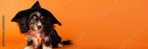 Halloween card. A dog on a orange background in a mantle, a witch's costume and a cap. With Generative AI technology