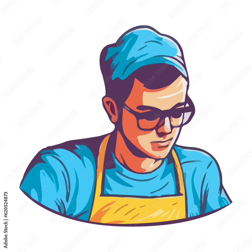 Cheerful chef working, smiling, wearing apron and eyeglasses