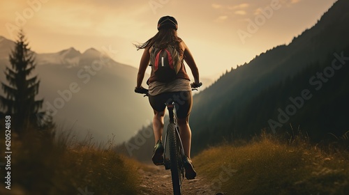 Mountain biking woman riding on bike in summer mountains forest landscape  AI generative