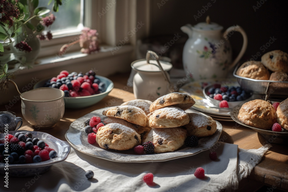 Fototapeta premium British cones with berry fruits, english breakfast or teatime. Generative Ai