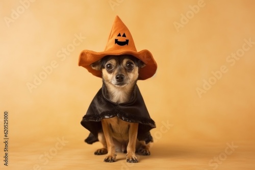 Halloween card. A dog on a orange background in a mantle  a witch s costume and a cap. With Generative AI technology