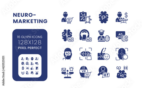 Neuromarketing black solid desktop icons pack. Consumer neuroscience. Effective marketing campaign. Pixel perfect 128x128, outline 4px. Symbols on white space. Glyph pictograms. Isolated vector images