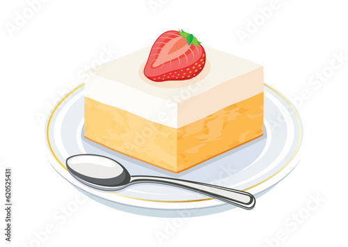 Tres Leches Cake vector illustration. Tres Leches cake dessert with strawberry icon vector isolated on a white background. Slice of block sponge cake on a plate drawing