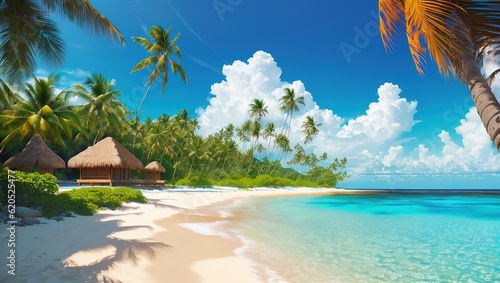 Tropical beach with palm trees and bungalows at Maldives