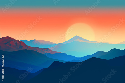 Mountains landscape poster background, blue and orange tones. Generative AI © marcin jucha