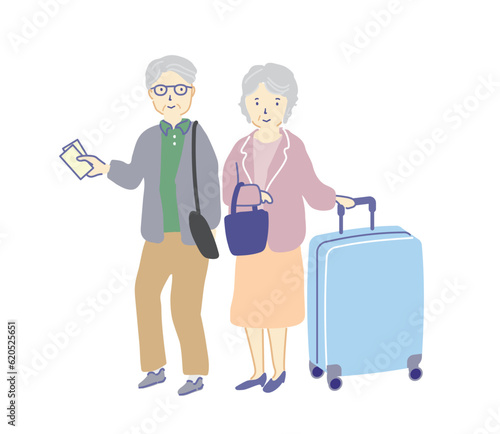 ベクターイラスト：シニア夫婦　スーツケースを持つ　旅行する　シニア夫婦