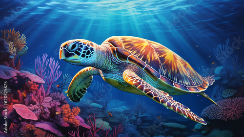 Beautiful green turtle under the sea, Generative Ai © Nakron