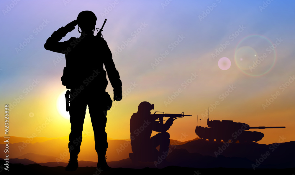 Silhouettes of a soliders with main battle tank against the sunset. EPS10 vector Silhouettes of a soliders with main battle tank against the sunset. EPS10 vector