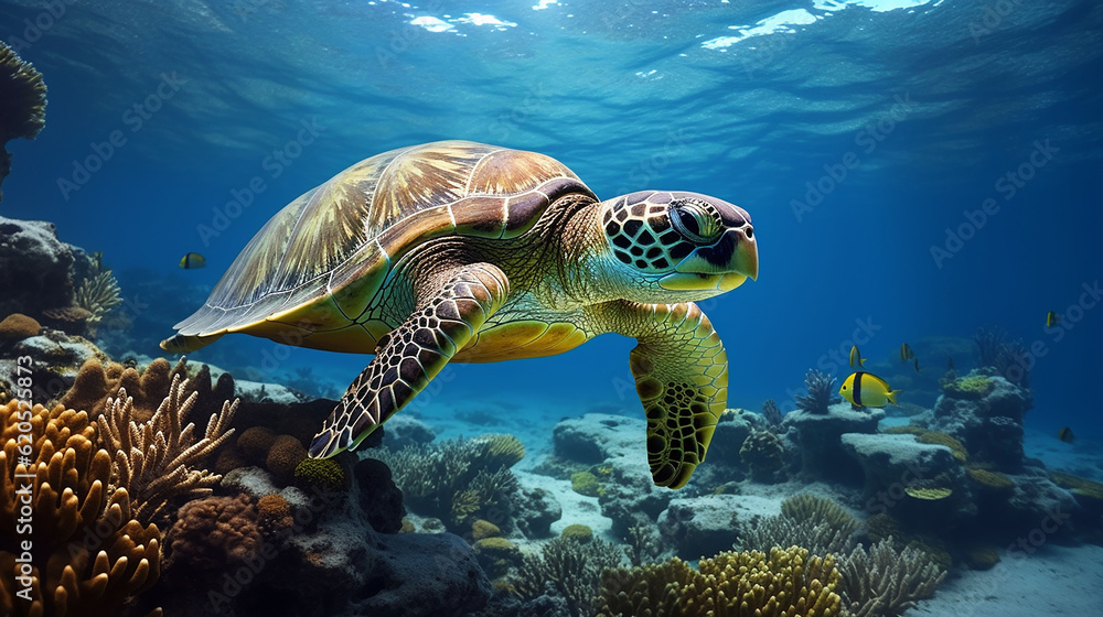 Fototapeta premium Beautiful green turtle under the sea, Generative Ai