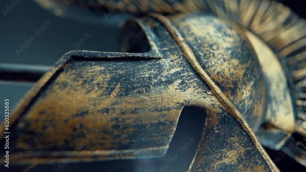 A vertical close up macro shot of a spartan design, warrior metal bronze helmet, on a rotating stand, studio lighting, Full HD video, Slow Motion 120 fps A vertical close up macro shot of a spartan design, warrior metal bronze helmet, on a rotating stand, studio lighting, Full HD video, Slow Motion 120 fps