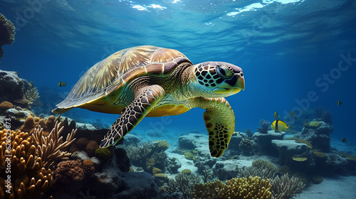 Beautiful green turtle under the sea, Generative Ai