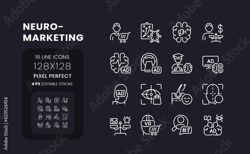 Neuromarketing white linear desktop icons on black. Consumer neuroscience. Marketing campaign. Pixel perfect 128x128, outline 4px. Isolated interface symbols pack for dark mode. Editable stroke