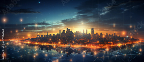 Cityscape with graphic of network concept, sunset © Milan
