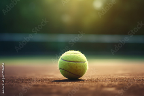 Tennis ball on tennis court, close up view. Generative AI © marcin jucha