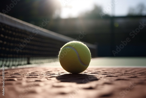 Tennis ball on tennis court, close up view. Generative AI