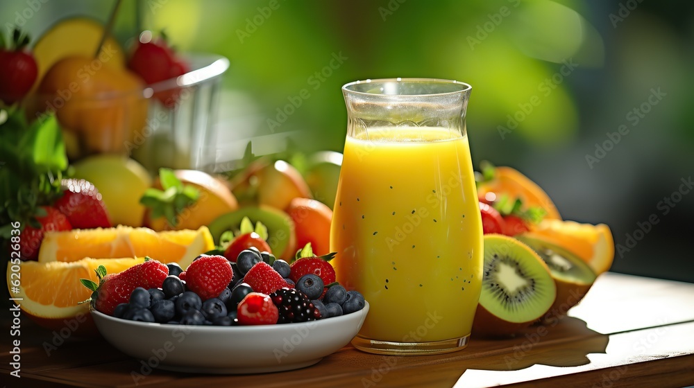 mixer of fruit orange juice and berry with salads dish breakfast on the wooden table in the modern kitchen, Generative ai mixer of fruit orange juice and berry with salads dish breakfast on the wooden table in the modern kitchen, Generative ai