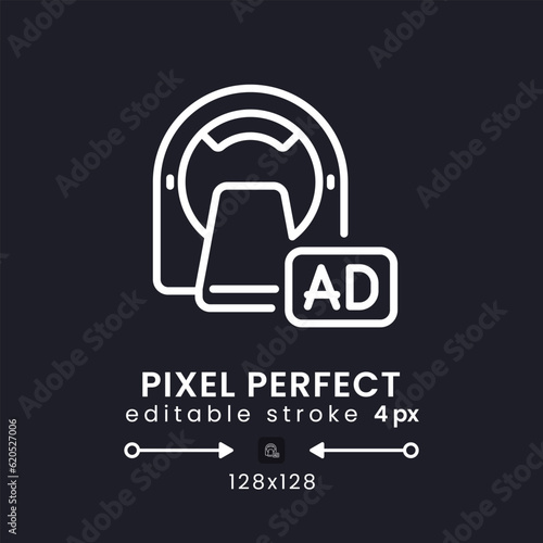 Functional magnetic resonance imaging white linear desktop icon on black. Brain scanning. Pixel perfect 128x128, outline 4px. Isolated user interface symbol for dark theme. Editable stroke