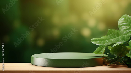 Wooden product display podium with green leave background, Minimalistic nature background, Template design for cosmetics, beauty nature product showcase, poster, banner, cover design, AI generated.