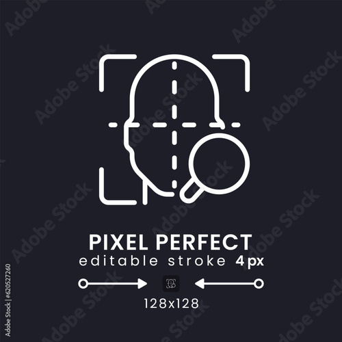 Facial coding white linear desktop icon on black. Face recognition. Measuring human emotions. Pixel perfect 128x128, outline 4px. Isolated user interface symbol for dark theme. Editable stroke
