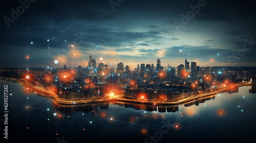 Cityscape with graphic of network concept, sunset