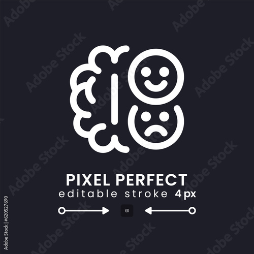 Human emotions white linear desktop icon on black. Brain process. Neuro marketing. Cognitive appraisal. Pixel perfect, outline 4px. Isolated user interface symbol for dark theme. Editable stroke