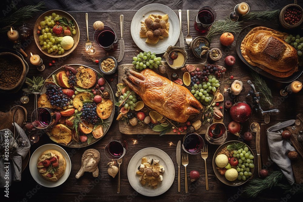 Christmas or Thanksgiving festive food on wooden table, top down view. Generative Ai
