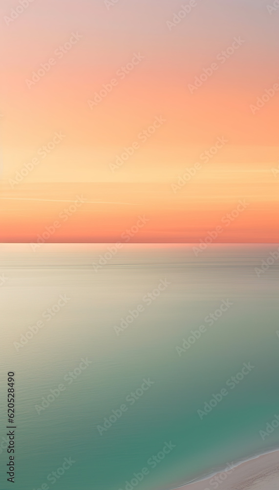 A minimalist photograph of a white sand beach and turquoise sea at golden sunset, with clean lines and vibrant colors, exuding serenity and harmony