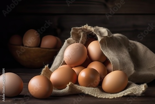 Closeup of Bag of Eggs on Wooden Table with Copy Space in Background