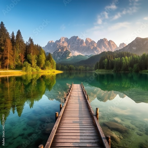 Mountain lake with wooden mooring on summer morning. Crystal-clear water mirrors mountain landscape, creating an ideal haven for fishing enthusiasts and those seeking pure relaxation.. AI-generated