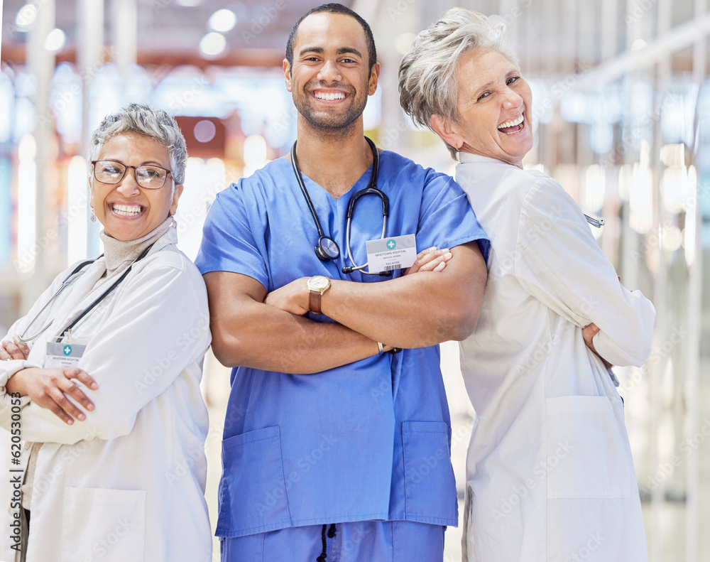 Collaboration, doctor and healthcare with crossed arms in portrait at ...