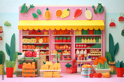 Children paper cut of supermarket, village, tree, red, child, illustration 